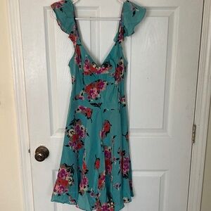 Tracy Reese Teal Floral Midi 100% Silk Dress